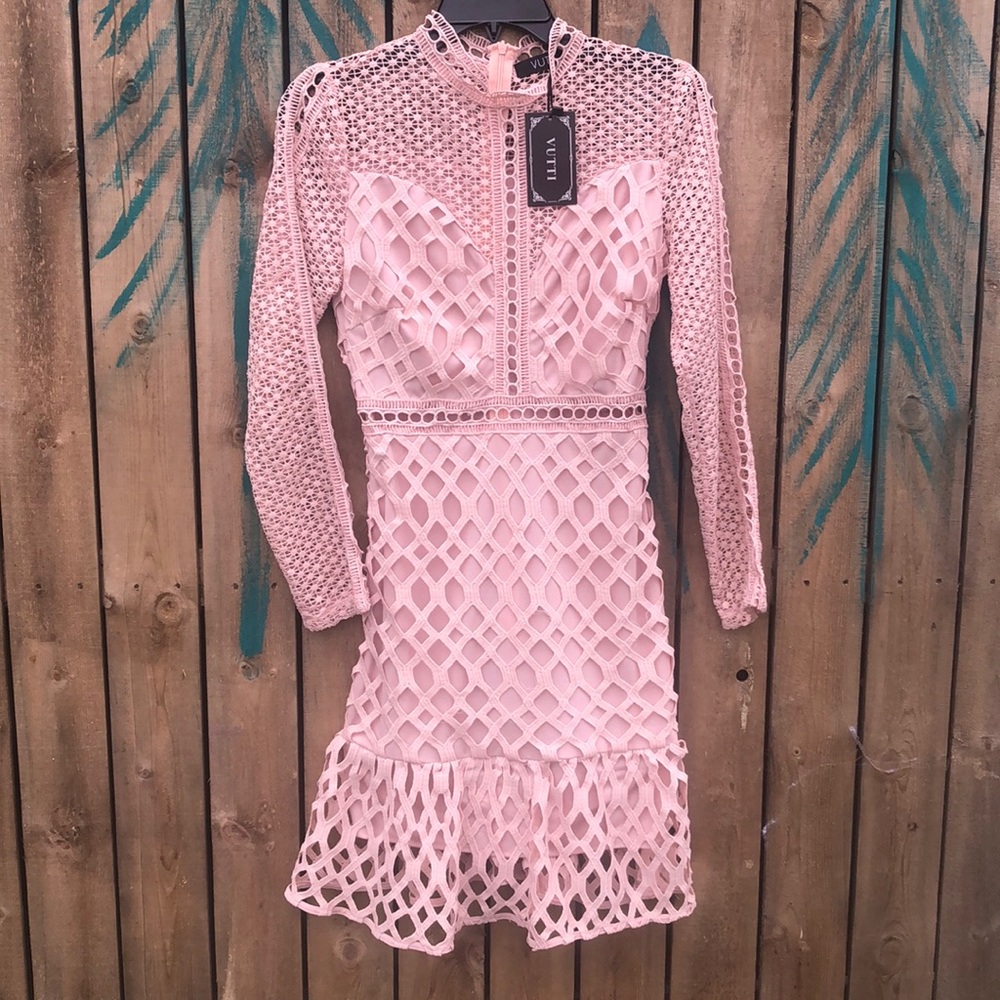 NWT Vutti High Neck Crochet Lace Long Sleeve Mini Dress Pink Small